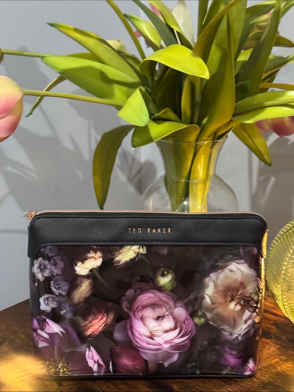 Ted Baker Large Black Floral Clutch/Cosmetic Pouch with Pink Accents